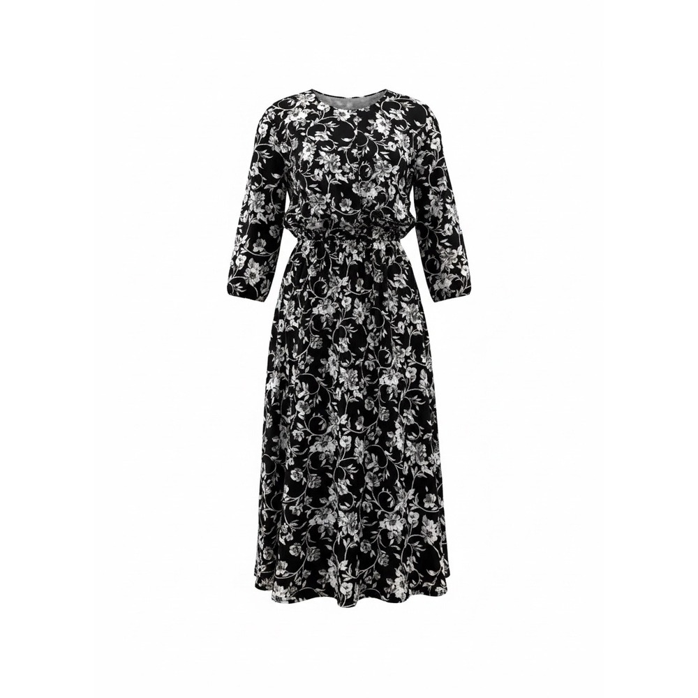 Vintage REO Originals Black White Floral Midi Dress Belted ILGWU Made in USA 10